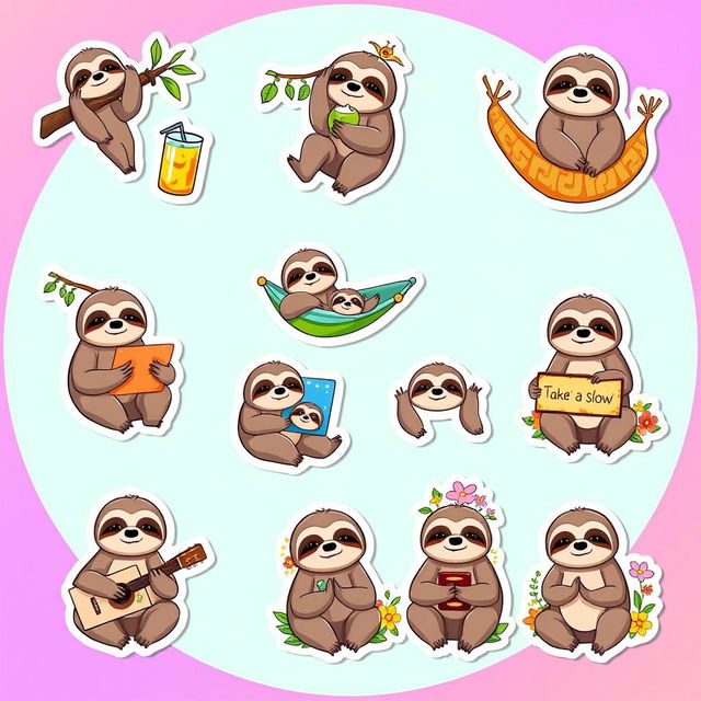 A collection of 10 charming sloth-themed stickers