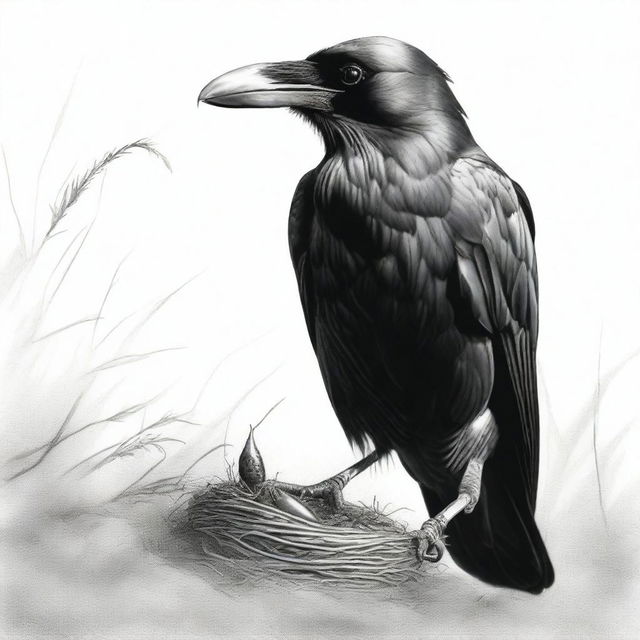 This is a striking black and white pencil drawing, illustrating a raven in the act of eating a worm