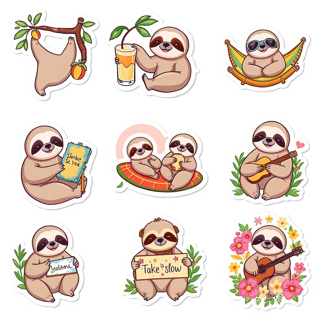 A collection of 10 charming sloth-themed stickers