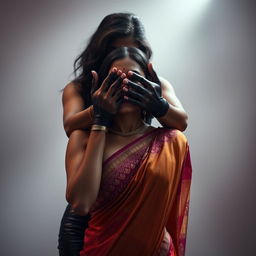 A captivating image featuring a sexy woman dressed in a tight latex outfit that accentuates her curves, standing behind another woman who wears a beautifully intricate saree in vibrant colors