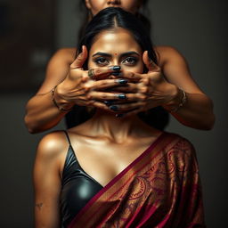 A captivating image featuring a sexy woman dressed in a tight latex outfit that accentuates her curves, standing behind another woman who wears a beautifully intricate saree in vibrant colors