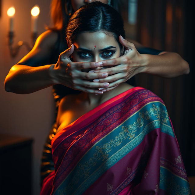 A captivating image featuring a sexy woman dressed in a tight latex outfit that accentuates her curves, standing behind another woman who wears a beautifully intricate saree in vibrant colors