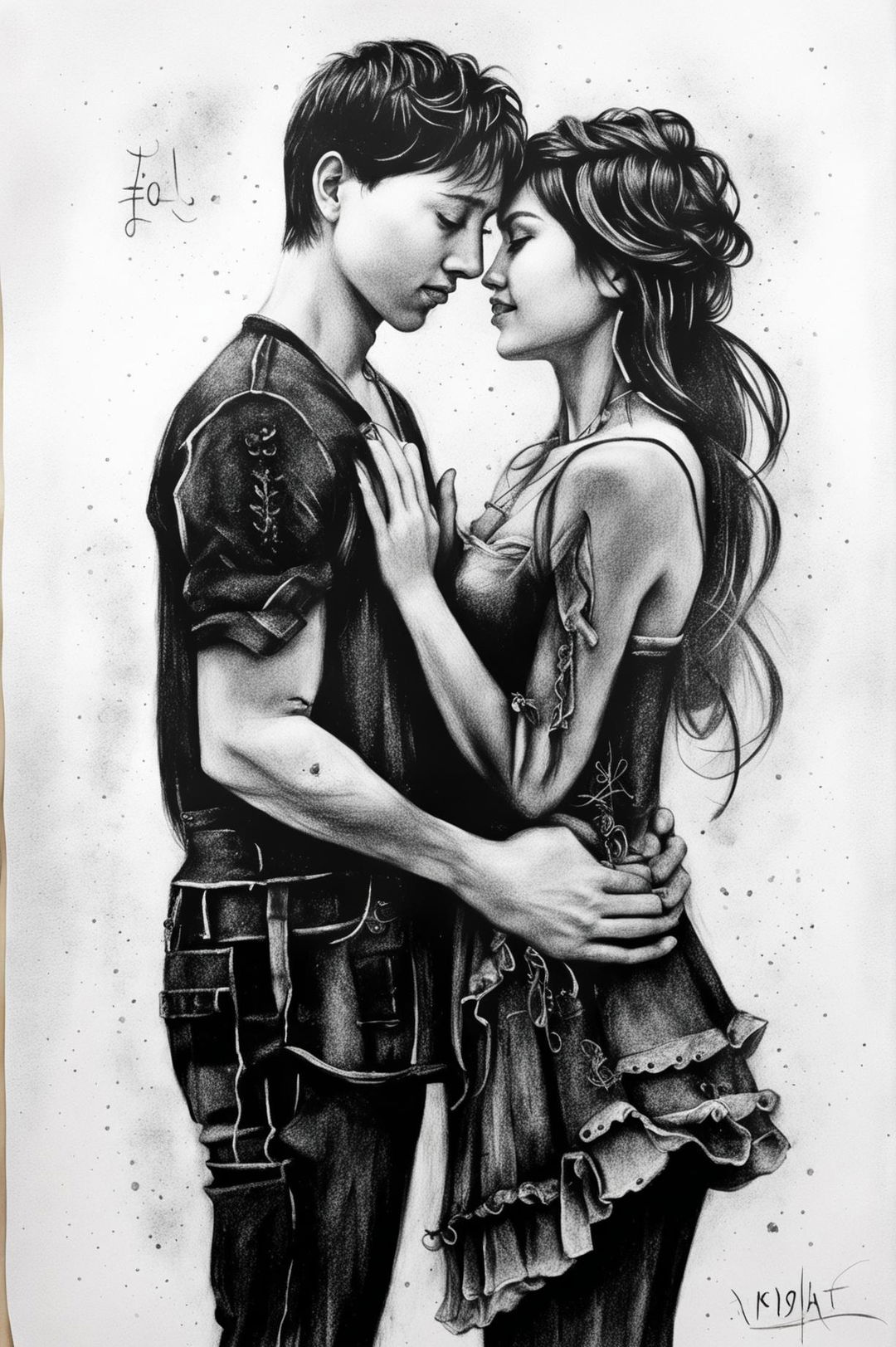 This charcoal drawing captures a loving couple standing side by side