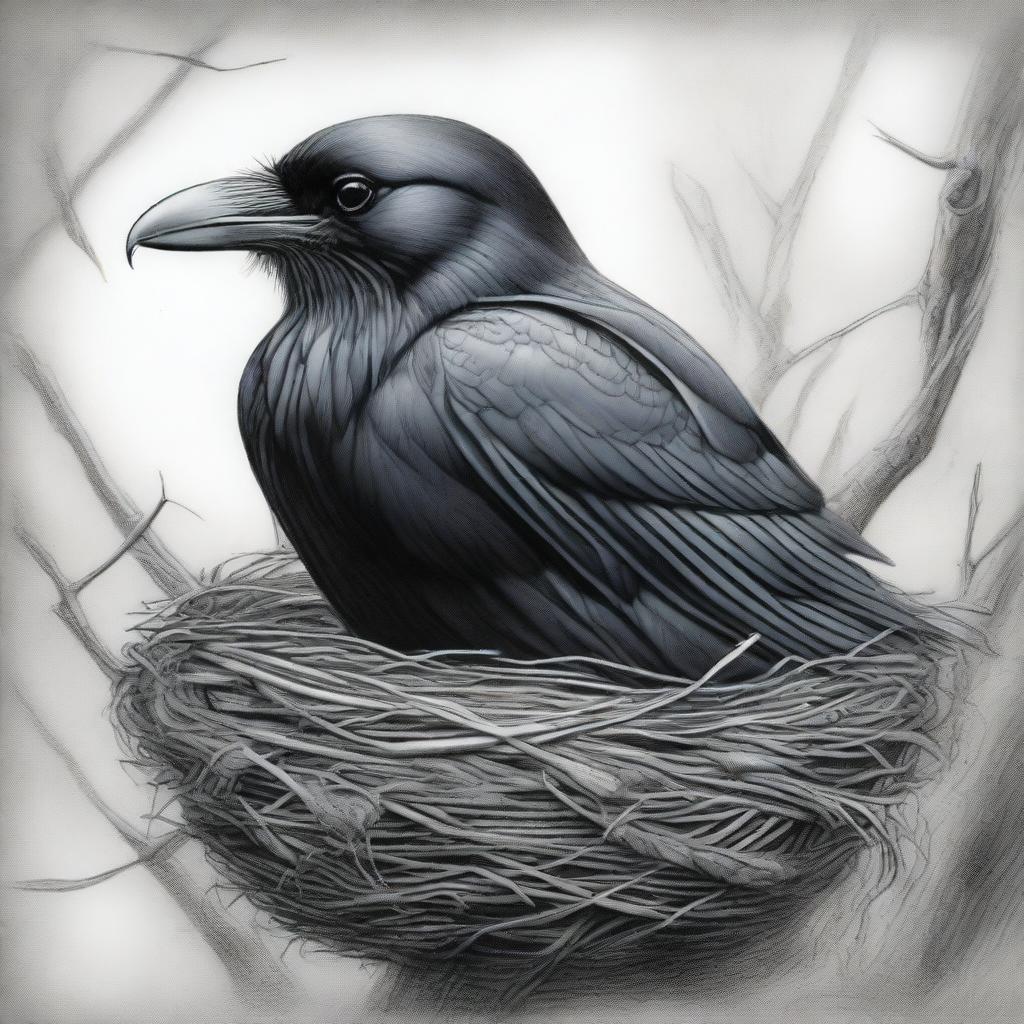 A black and white pencil drawing of exceptional quality, showcasing a raven nestled within a carefully constructed nest