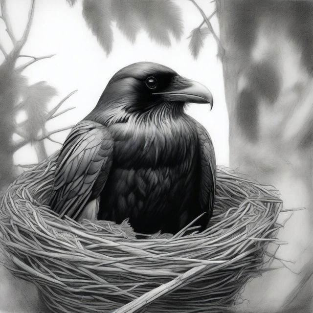 A black and white pencil drawing of exceptional quality, showcasing a raven nestled within a carefully constructed nest