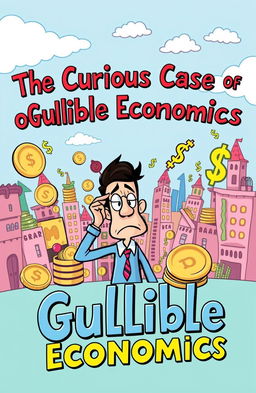 A whimsical book cover for 'The Curious Cases of Gullible Economics', featuring a colorful, cartoonish style