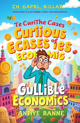 A whimsical book cover for 'The Curious Cases of Gullible Economics', featuring a colorful, cartoonish style