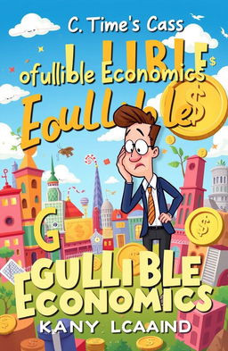 A whimsical book cover for 'The Curious Cases of Gullible Economics', featuring a colorful, cartoonish style