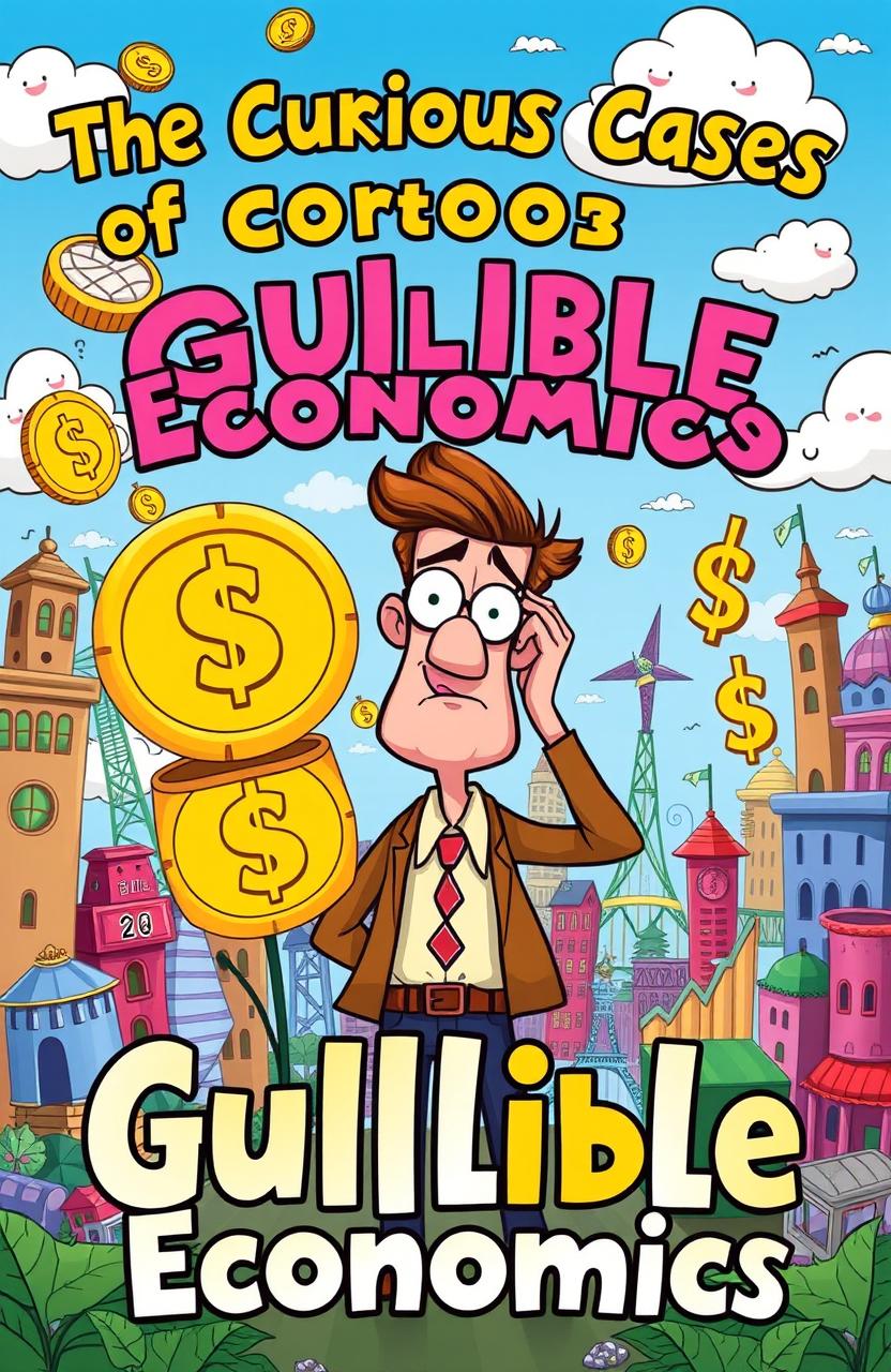 A whimsical book cover for 'The Curious Cases of Gullible Economics', featuring a colorful, cartoonish style