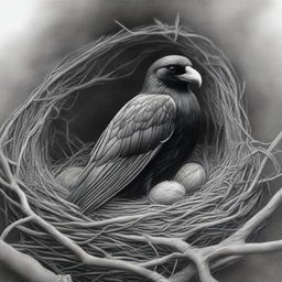 A black and white pencil drawing of exceptional quality, showcasing a raven nestled within a carefully constructed nest