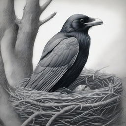 A black and white pencil drawing of exceptional quality, showcasing a raven nestled within a carefully constructed nest