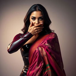 An alluring image of a sexy woman dressed in a form-fitting latex outfit that accentuates her curves, standing behind another woman elegantly draped in a beautifully designed saree adorned with vibrant colors and intricate patterns