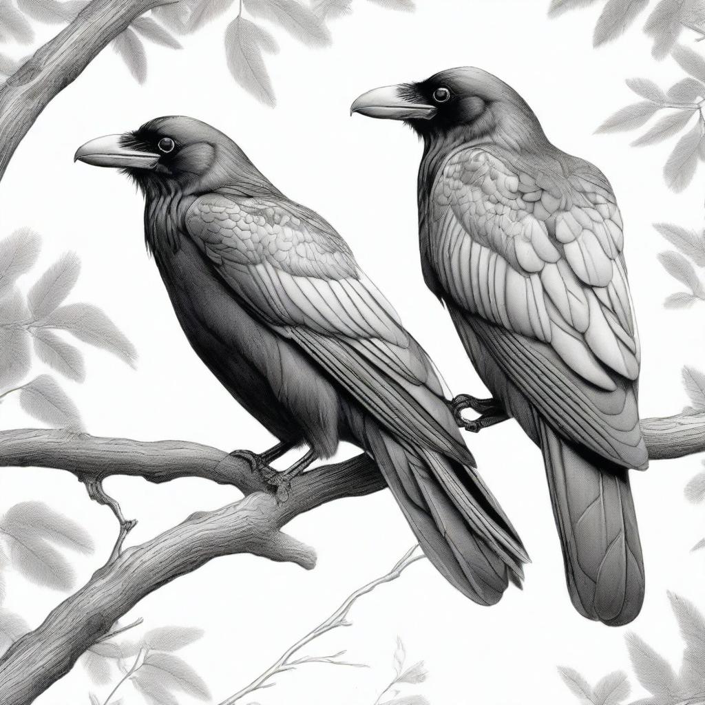 An exceptionally detailed black and white pencil drawing, featuring two ravens