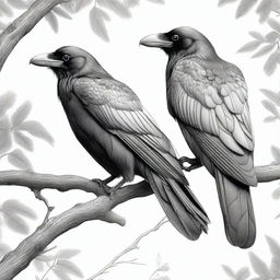 An exceptionally detailed black and white pencil drawing, featuring two ravens