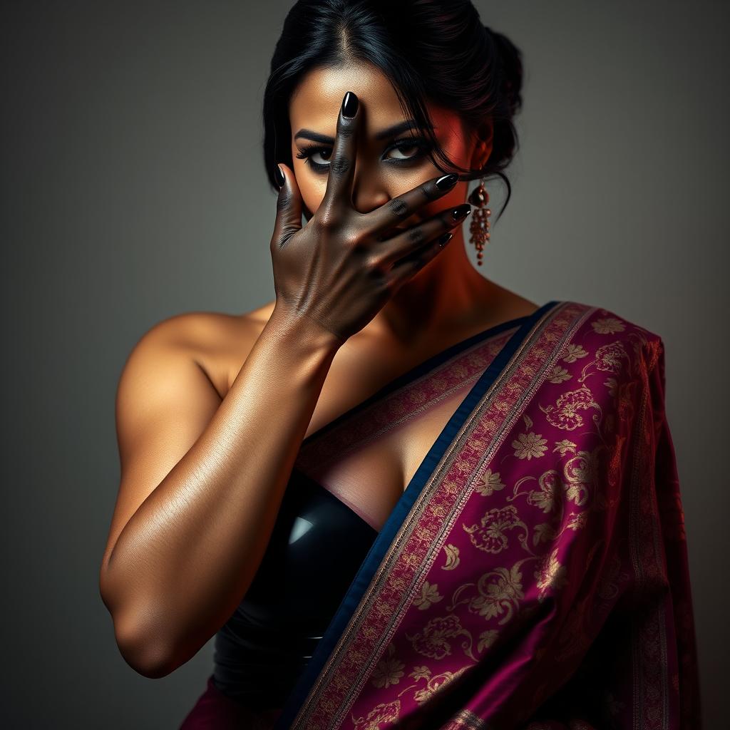 An alluring image of a sexy woman dressed in a form-fitting latex outfit that accentuates her curves, standing behind another woman elegantly draped in a beautifully designed saree adorned with vibrant colors and intricate patterns