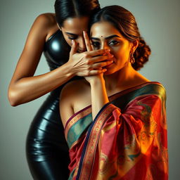 An alluring image of a sexy woman dressed in a form-fitting latex outfit that accentuates her curves, standing behind another woman elegantly draped in a beautifully designed saree adorned with vibrant colors and intricate patterns