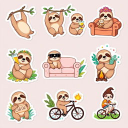 A delightful collection of 10 sloth-themed stickers, each featuring a different charming sloth in whimsical situations