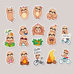 A delightful collection of 10 sloth-themed stickers, each featuring a different charming sloth in whimsical situations