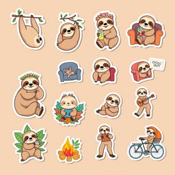A delightful collection of 10 sloth-themed stickers, each featuring a different charming sloth in whimsical situations