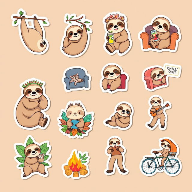 A delightful collection of 10 sloth-themed stickers, each featuring a different charming sloth in whimsical situations