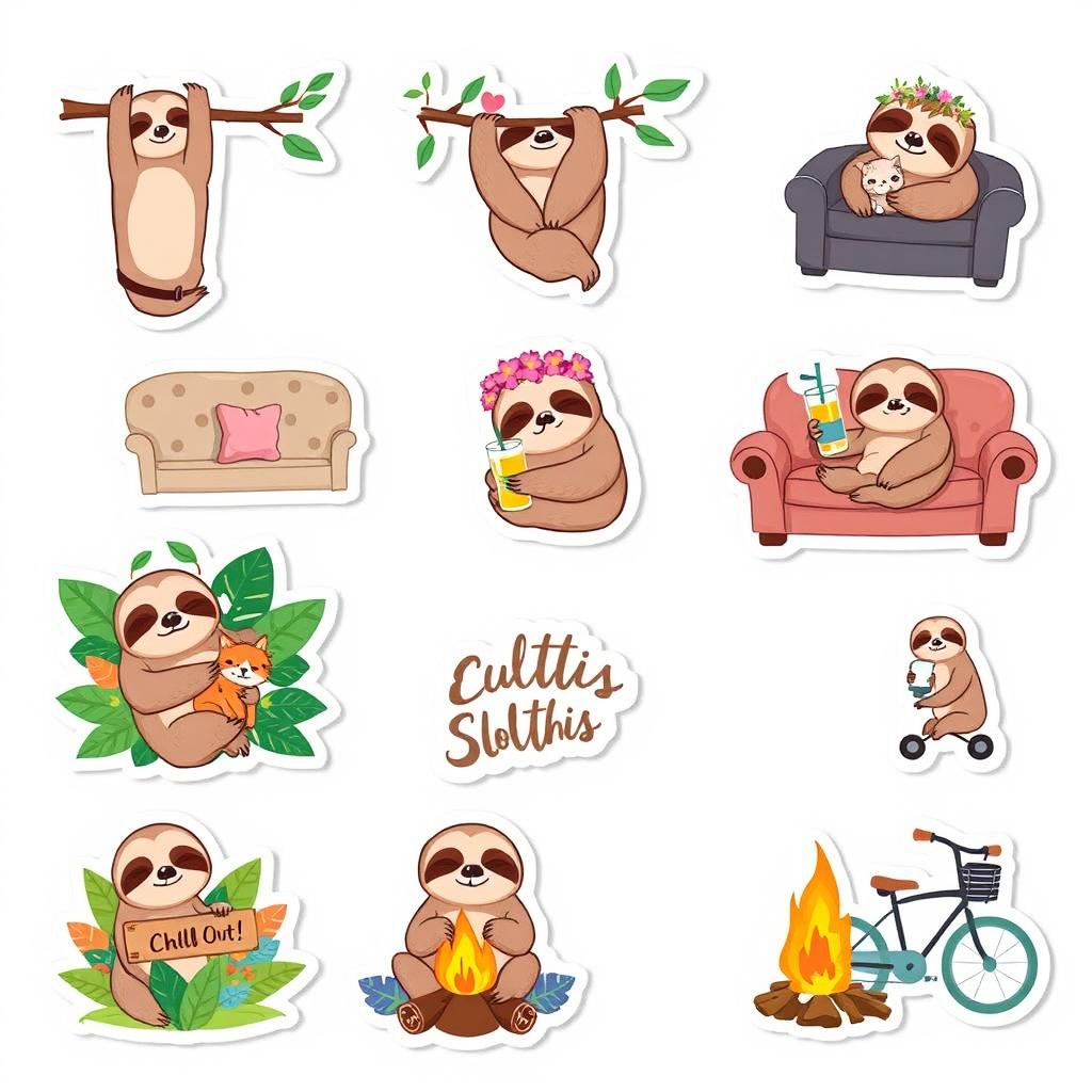 A delightful collection of 10 sloth-themed stickers, each featuring a different charming sloth in whimsical situations