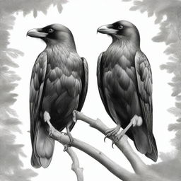 An exceptionally detailed black and white pencil drawing, featuring two ravens