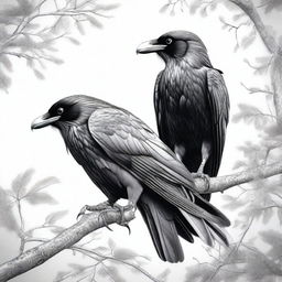 An exceptionally detailed black and white pencil drawing, featuring two ravens