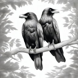 An exceptionally detailed black and white pencil drawing, featuring two ravens