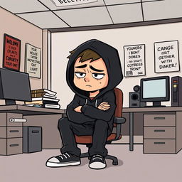 A cartoon-style illustration of a character named Doomer sitting in an office