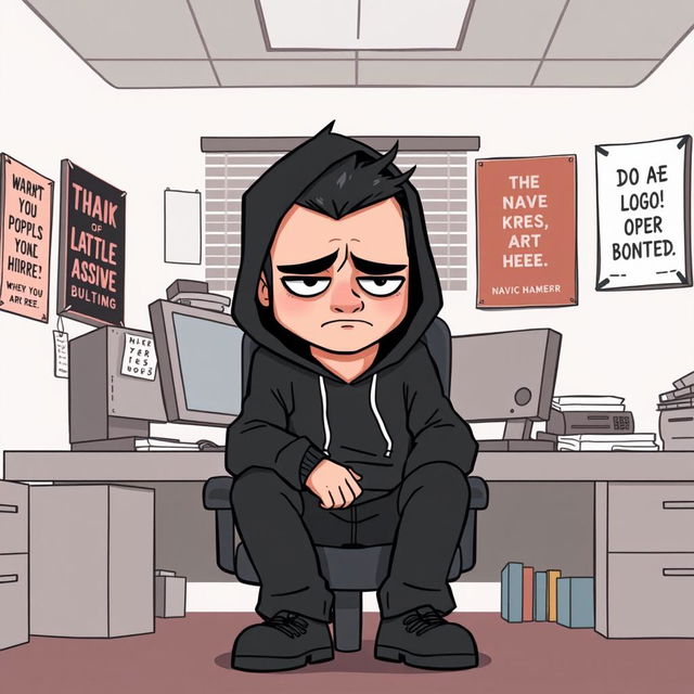 A cartoon-style illustration of a character named Doomer sitting in an office