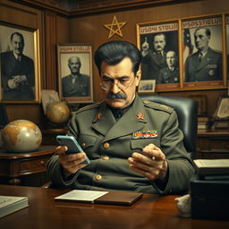 A humorous reinterpretation of Joseph Stalin using a mobile phone, sitting in an ornate Soviet-era office filled with historical relics