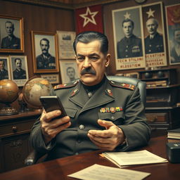 A humorous reinterpretation of Joseph Stalin using a mobile phone, sitting in an ornate Soviet-era office filled with historical relics