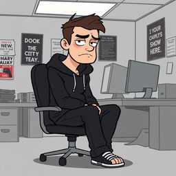 A cartoon-style illustration of a character named Doomer sitting in an office