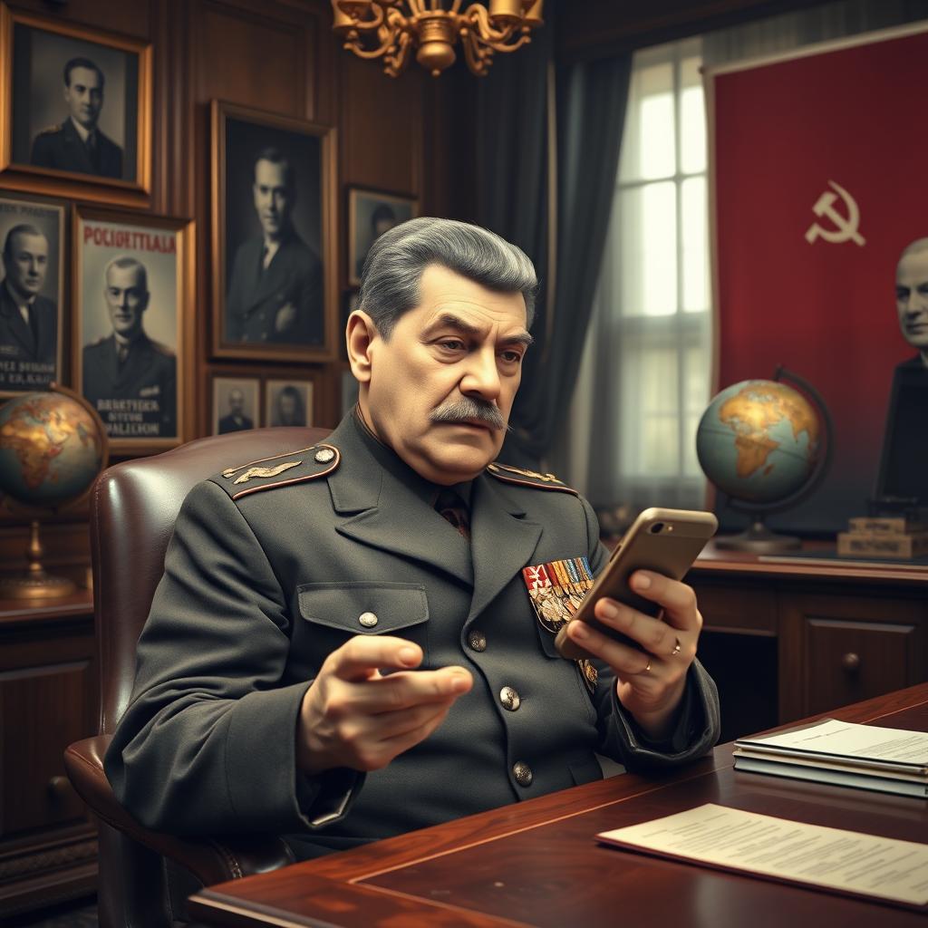 A humorous reinterpretation of Joseph Stalin using a mobile phone, sitting in an ornate Soviet-era office filled with historical relics