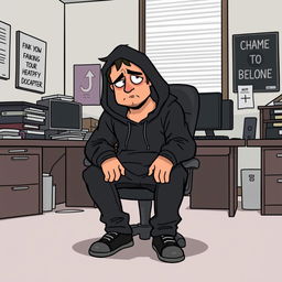 A cartoon-style illustration of a character named Doomer sitting in an office