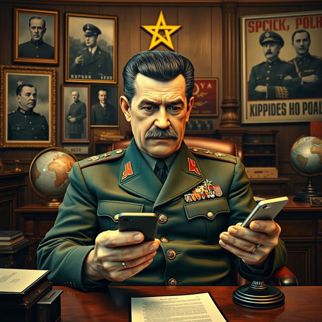 A humorous reinterpretation of Joseph Stalin using a mobile phone, sitting in an ornate Soviet-era office filled with historical relics