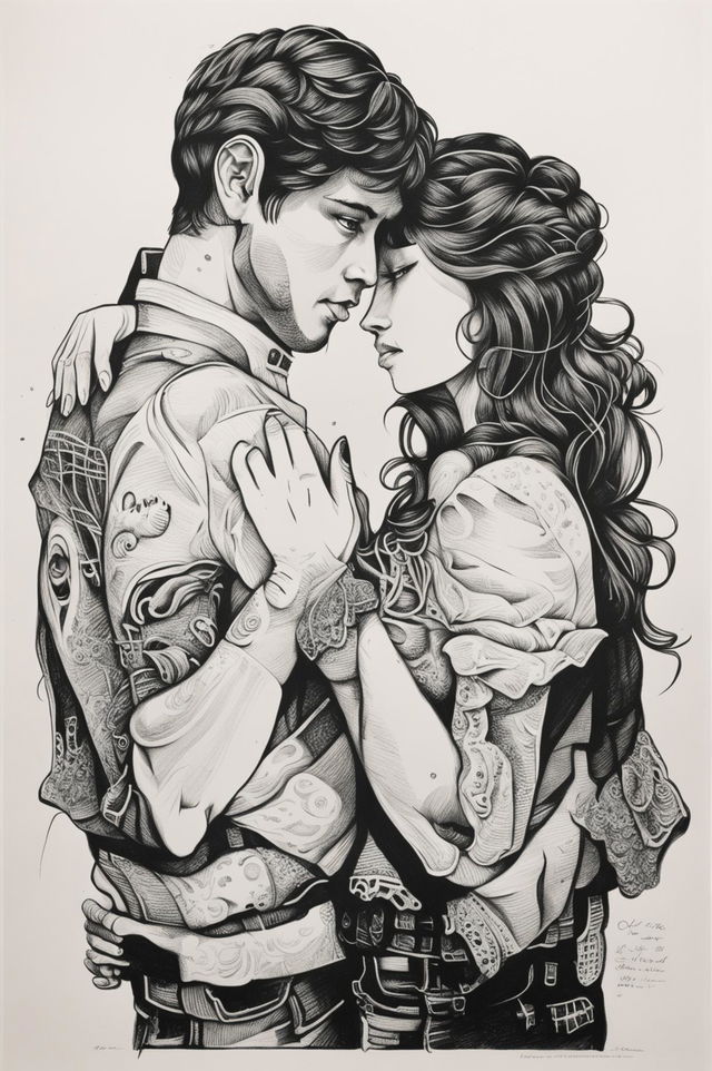 This pen drawing depicts a beautiful couple in a loving moment