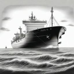 A high-quality monochrome pencil sketch showcasing a large cargo ship