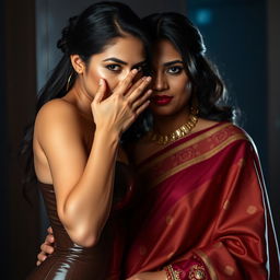An enticing scene featuring a sexy woman clad in a tight latex costume that accentuates her figure, positioned behind another woman who is adorned in a stunning saree with rich colors and intricate details