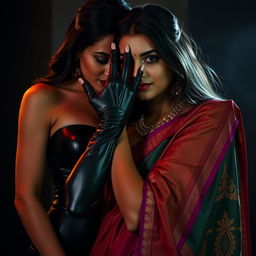 An enticing scene featuring a sexy woman clad in a tight latex costume that accentuates her figure, positioned behind another woman who is adorned in a stunning saree with rich colors and intricate details