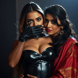 An enticing scene featuring a sexy woman clad in a tight latex costume that accentuates her figure, positioned behind another woman who is adorned in a stunning saree with rich colors and intricate details