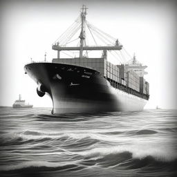 A high-quality monochrome pencil sketch showcasing a large cargo ship