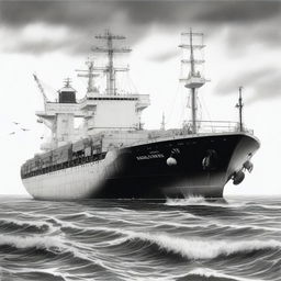 A high-quality monochrome pencil sketch showcasing a large cargo ship