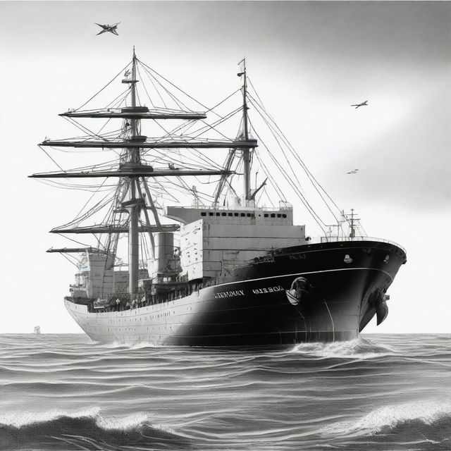 A high-quality monochrome pencil sketch showcasing a large cargo ship