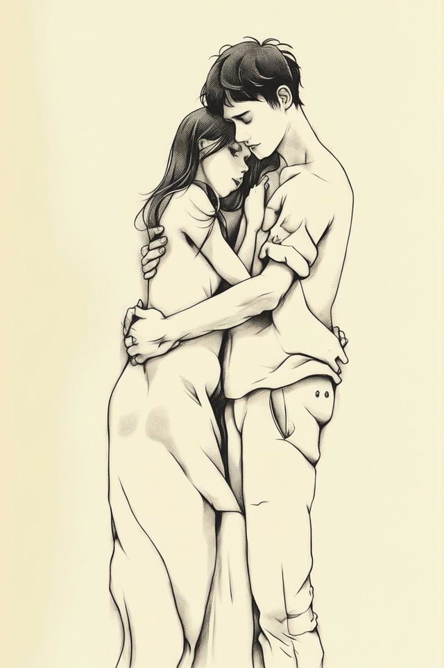 This simple drawing depicts a couple in love, their bodies close and their expressions filled with affection