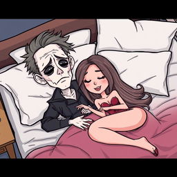 A cartoon-style illustration featuring a Doomer character with white skin lying on a bed next to a sexy girl