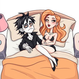 A cartoon-style illustration featuring a Doomer character with white skin lying on a bed next to a sexy girl