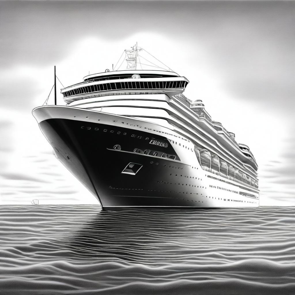 An exquisite black and white pencil drawing depicts a grand cruise ship