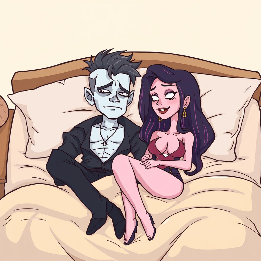 A cartoon-style illustration featuring a Doomer character with white skin lying on a bed next to a sexy girl