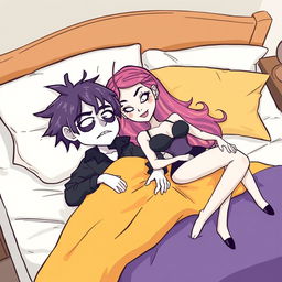 A cartoon-style illustration featuring a Doomer character with white skin lying on a bed next to a sexy girl